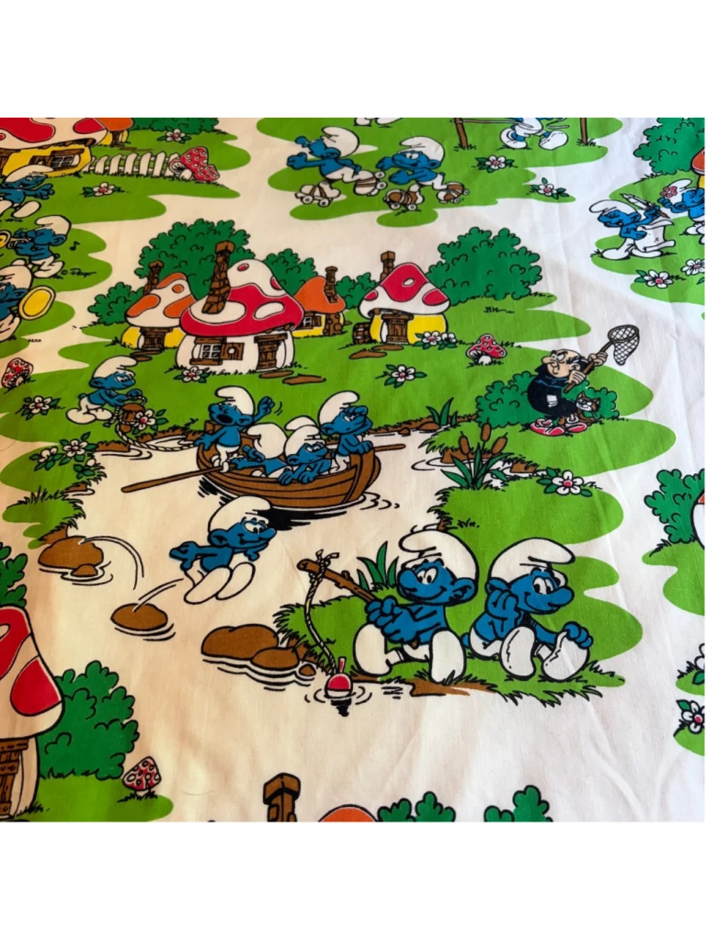 Vintage Smurfs Double Flat Bed Sheet Gargamel Smurfette Papa White Green Fabric